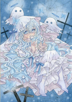Rule 34 | 1girl, absurdres, amu (m aa), animal, artist name, blue bow, blue eyes, blue hair, blue nails, blue theme, bow, bug, butterfly, candy, cross, dated, dress, floating, food, food in mouth, frilled dress, frills, ghost, halloween, halo, highres, insect, latin cross, long hair, looking at viewer, marshmallow, nail polish, no shoes, original, painting (medium), pantyhose, signature, silk, spider web, torn clothes, traditional media, veil, very long hair, watercolor (medium), white dress