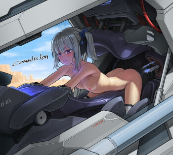1girl after_insertion ass blush breasts cockpit commission female_focus grey_hair hair_ornament mecha nipples nude original outdoors parted_lips purple_eyes pussy_juice pussy_juice_trail robot robot_ears shadow skinny small_breasts solo sweat takada_kazuhiro twintails wire
