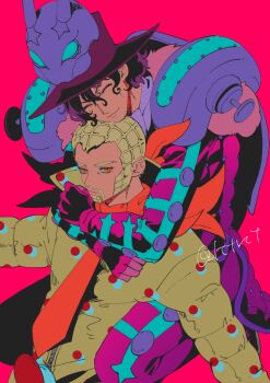 20th_century_boy_(stand) 2boys ^_^ black_hair blonde_hair closed_eyes commentary_request expressionless highres hug hug_from_behind jojo_no_kimyou_na_bouken katori_(katokichi) kneeling looking_at_viewer magenta_magenta male_focus multiple_boys orange_eyes pink_background simple_background smile stand_(jojo) steel_ball_run wekapipo yaoi