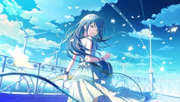 1girl aqua_cape arm_at_side backlighting bare_arms black_hair blue_eyes blue_neckerchief blue_sky blue_theme blurry boat bracelet cable cape caustics clenched_hand closed_mouth cloud cloudy_sky collared_dress colorful_palette cowboy_shot day depth_of_field dot_nose dress earrings electric_guitar falling_flower fender_telecaster flat_chest floating_hair flower frilled_dress frills from_behind glowing_flower gradient_sky green_sky guitar hand_up head_tilt highres holding holding_instrument holding_plectrum hoshino_ichika_(project_sekai) instrument jewelry layered_dress light_particles limited_palette long_dress long_hair looking_at_viewer looking_back neckerchief ocean official_alternate_costume official_art on_boat outdoors pleated_dress plectrum project_sekai railing see-through_cape ship_deck sky sleeveless sleeveless_dress smile solo standing stick_to_your_faith_(project_sekai) straight_hair studded_wristband sunlight swept_bangs third-party_source triangle_earrings tsurime vanilla vanishing_point waist_cape water water_drop watercraft white_dress white_flower white_theme wind_turbine windmill wristband