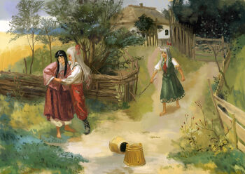 3girls amibazh barefoot black_boots black_hair blunt_bangs boots bow bucket commentary_request dress ex-keine farm fence fine_art_parody frown fujiwara_no_mokou full_body grass green_dress grey_horns hair_bow holding holding_stick horn_bow horn_ornament horns houraisan_kaguya house kamishirasawa_keine long_hair looking_at_another multiple_girls outdoors painterly pants parody path pink_shirt red_bow red_pants red_skirt road rural shirt sidelocks skirt smile standing stick stop_fooling_around_(pymonenko) suspenders touhou tree white_hair white_shirt