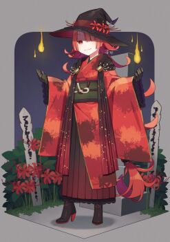 Rule 34 | 1girl, aona (noraneko), black boots, black capelet, black gloves, black hakama, blunt bangs, boots, bright pupils, bush, capelet, faux figurine, flipped hair, floral print, flower, full body, gloves, gradient clothes, grey background, hair over one eye, hakama, hakama skirt, hat, hat flower, high heel boots, high heels, highres, hitodama, japanese clothes, kimono, lace, lace-trimmed skirt, lace-trimmed sleeves, lace trim, long hair, looking at viewer, low-tied long hair, night, obi, original, outstretched hand, personification, red eyes, red flower, red hair, red hakama, red kimono, sash, skirt, smile, solo, sotoba, spider lily, spider lily print, tombstone, very long hair, white pupils, witch, witch hat