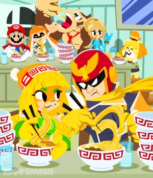 absurdres animal_crossing arms_(game) beanie blonde_hair bowl bracelet captain_falcon chopsticks donkey_kong donkey_kong_(series) eating eddysmash2407 eye_mask f-zero facial_hair food hat helmet highres inkling_girl inkling_player_character isabelle_(animal_crossing) jewelry mario mario_(series) mask metroid min_min_(arms) mustache nintendo noodles orange_hair ramen red_helmet samus_aran scarf short_hair splatoon_(series) super_smash_bros. visor
