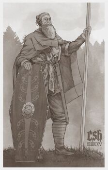 1boy absurdres armor beard belt boots cape christian_sloan_hall facial_hair forest graphite_(medium) greyscale hair_bun highres holding holding_polearm holding_shield holding_weapon leather leather_boots long_beard monochrome nature original pants polearm scabbard sheath shield short_hair solo spear sword traditional_media tree weapon white_fur