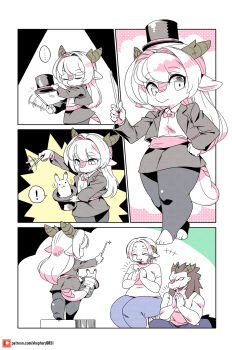 ! ... 1boy 2girls aged_down animal_ears beth_(modern_mogal) bow clapping closed_eyes comic digitigrade dino_(modern_mogal) dragon_boy dragon_ears dragon_girl dragon_horns dragon_tail family father_and_daughter flashback hat highres holding holding_wand horns husband_and_wife levia_(modern_mogal) limited_palette long_hair magician mother_and_daughter multiple_girls original pantyhose patreon_username puppet shepherd0821 short_hair sparkle spiked_hair spoken_ellipsis spoken_exclamation_mark tail top_hat wand