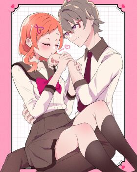 1boy 1girl absurdres asymmetrical_bangs bare_legs black_socks blush box closed_eyes collarbone column column_lineup couple eyelashes flirting glasses grabbing_another&#039;s_arm hair_ornament hairpin hand_on_another&#039;s_back heart heart_hair_ornament heart_hairclip highres inukai_iroha kiss kissing_cheek kissing_hand kneehighs long_sleeves medium_hair mikorin necktie orange_hair pants parted_bangs pillar precure ribbon sailor_collar school_uniform short_hair sitting sitting_on_lap sitting_on_person skirt socks stuck_in_a_box toyama_satoru very_short_hair wonderful_precure!