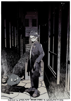 1boy alley border collared_shirt corbeau_(pokemon) dark eyewear_strap frown full_body gen_5_pokemon glasses greyscale highres jacket long_sleeves looking_at_viewer male_focus meiji_ken monochrome necktie night nintendo orange_eyes pokemon pokemon_(creature) pokemon_legends:_z-a round_eyewear shadow shirt short_hair solo spot_color standing trubbish white_border window