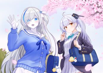 2girls :d azur_lane bag black_jacket black_nails blazer blue_bow blue_bowtie blue_eyes blue_hair blue_ribbon blue_skirt blush bow bowtie breasts cherry_blossoms collared_shirt colored_skin day dress frilled_dress frills hair_between_eyes hair_over_one_eye hand_up hands_up happy headgear highres jacket light_frown long_hair looking_at_viewer looking_down medium_breasts miniskirt multicolored_hair multiple_girls nail_polish neck_ribbon oceana_(azur_lane) open_clothes open_jacket open_mouth outdoors pleated_skirt ribbon rigging shinkyuu ship_turret shirt shoulder_bag side_ponytail siren_(azur_lane) skirt small_breasts smile streaked_hair tb_(azur_lane) tb_(type-s)_(azur_lane) two-tone_hair upper_body very_long_hair waving white_hair white_shirt white_skin white_skirt yellow_eyes