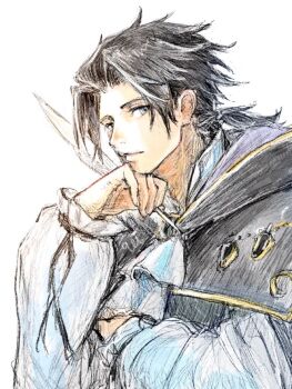 1boy ascot black_capelet black_hair blue_eyes capelet closed_mouth commentary_request cyrus_albright highres looking_at_viewer low_ponytail male_focus octopath_traveler octopath_traveler_i ponytail qqqqqli simple_background solo upper_body white_ascot white_background yellow_trim