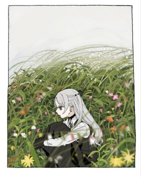 Rule 34 | 1girl, black dress, black gloves, border, closed mouth, collared shirt, commentary request, dress, ear piercing, earrings, expressionless, feet out of frame, field, flower, from side, gloves, gomibako (gomibako price), grass, green eyes, grey background, grey hair, highres, hugging own legs, jewelry, long hair, long sleeves, looking ahead, original, piercing, pinafore dress, pink flower, profile, red flower, shirt, simple background, sitting, sleeveless, sleeveless dress, solo, stud earrings, tall grass, two side up, white border, white flower, white shirt, yellow flower, yukino kanna (gomibako (gomibako price))