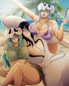 1boy 2girls bare_shoulders beach bikini black_hair bleach bleach:_brave_souls breasts collarbone crossed_legs espada facial_mark green_hair large_breasts lips long_hair mask mask_on_head medium_hair multiple_girls nelliel_tu_odelschwanck nnoitra_gilga ocean official_alternate_costume palm_leaf palm_tree skull_on_head sunlight swimsuit thighs tree veeepawoon water