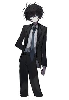 1boy akinashi_haru arm_at_side arm_behind_back black_jacket black_pants black_suit blue_eyes blue_necktie collared_shirt commentary_request dress_shirt feet_out_of_frame formal_clothes guzi15613491 highres jacket lapels looking_at_viewer male_focus necktie pants saihate_eki shirt short_hair simple_background solo suit suit_jacket white_background white_shirt
