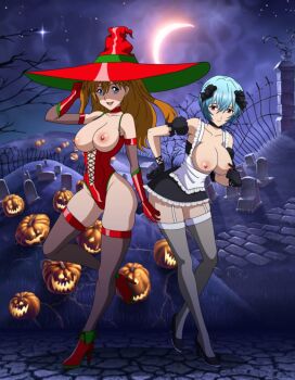 2girls adapted_costume alternate_breast_size artist_request ayanami_rei between_buttocks blue_hair breasts breasts_out brown_hair cosplay curvy halloween_costume hat highleg highleg_leotard leotard looking_at_viewer looking_back maid miniskirt multiple_girls neon_genesis_evangelion night nipples open_mouth outdoors polearm pumpkin red_eyes revealing_clothes shiny_clothes shiny_skin short_hair signature skindentation skirt sky smile souryuu_asuka_langley standing thong_leotard weapon wide_hips witch_hat