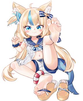 1girl animal_ear_fluff animal_ears barefoot blonde_hair blue_eyes blue_hair blue_nails chaosexceed claw_pose closed_mouth commentary english_commentary fins fish_tail flat_chest full_body highres indie_virtual_youtuber looking_at_viewer mixed-language_commentary multicolored_hair nail_polish navel one_side_up paid_reward_available sameko_saba simple_background soles solo streaked_hair tail toenail_polish toenails toes virtual_youtuber white_background