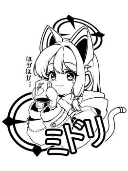 1girl :3 animal_ear_headphones animal_ears blue_archive bow cat_ear_headphones cat_ears cat_tail character_name closed_mouth commentary_request cropped_torso cup fake_animal_ears fake_tail fur_trim greyscale hair_bow halo headphones holding holding_cup hood hood_down hooded_coat huwa_hu8 long_sleeves looking_at_viewer low-tied_sidelocks midori_(blue_archive) mittens monochrome mug parted_bangs sidelocks simple_background smile solo tail upper_body white_background winter_clothes
