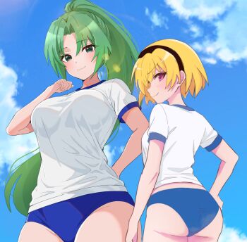 >:) 2girls :3 ass black_hairband blonde_hair blue_buruma blue_sky blush breasts buruma clenched_hand closed_mouth commentary cowboy_shot day eyelashes eyes_visible_through_hair fang from_below green_eyes green_hair gym_uniform hairband hand_on_own_hip hand_up happy highres higurashi_no_naku_koro_ni houjou_satoko large_breasts lens_flare long_hair looking_at_viewer looking_down multiple_girls outdoors parted_bangs pink_eyes ponytail shirt short_hair short_sleeves skin_fang sky smile sonozaki_mion sunlight tsurime v-shaped_eyebrows very_long_hair white_shirt yuno_ff
