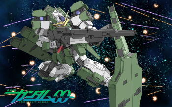 00s anti-materiel_rifle ayakaze_satsuki bad_id bad_pixiv_id beam_rifle copyright_name energy_beam energy_gun explosion gun gundam gundam_00 gundam_00_a_wakening_of_the_trailblazer gundam_zabanya highres mecha mecha_focus no_humans rifle robot shield sniper sniper_rifle space weapon