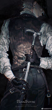 1boy absurdres belt black_gloves black_hat black_pants bloodborne blue_eyes brown_vest cane commentary_request copyright_name cowboy_shot from_behind gloves grey_hair hat highres holding holding_behind_back holding_cane hunter_(bloodborne) looking_back male_focus muted_color pants profile red_pupils shirt solo stitched_arm stitched_face stitches threaded_cane tricorne vest watermark weibo_watermark white_shirt yu_anle_bu_le
