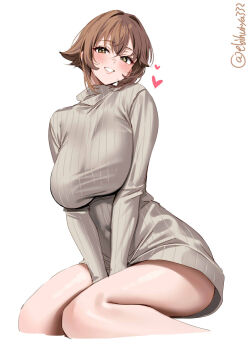 1girl alternate_costume artist_name blush breasts brown_eyes brown_hair brown_sweater commentary_request cropped_legs dress ebifurya hair_between_eyes hair_intakes heart highres kantai_collection large_breasts long_sleeves looking_at_viewer mutsu_(kancolle) one-hour_drawing_challenge short_hair sidelocks simple_background sitting smile solo sweater sweater_dress thighs turtleneck turtleneck_sweater twitter_username v_arms white_background