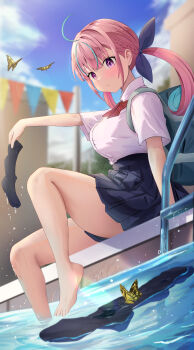 1girl absurdres ahoge alternate_costume aqua_hair barefoot black_skirt black_socks blue_ribbon blue_sky blunt_bangs blurry blurry_background blush bow bowtie braid bug butterfly cloud collared_shirt colored_inner_hair commentary_request day drill_hair fanged_bangs feet hair_ribbon highres holding_sock hololive insect knee_up lens_flare long_hair looking_at_viewer minato_aqua miniskirt mochiki_927 multicolored_hair outdoors parted_lips pink_hair pleated_skirt pool purple_eyes red_bow red_bowtie ribbon shirt shirt_tucked_in side_braid skirt sky soaking_feet socks solo streaked_hair twin_drills twintails two-tone_hair unworn_socks virtual_youtuber white_shirt