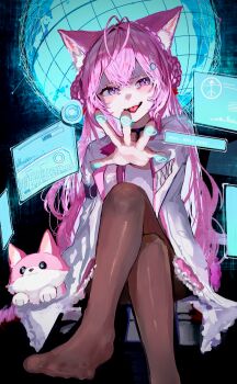1girl animal_ears black_pantyhose blush coat commentary_request feet hakui_koyori hakui_koyori_(1st_costume) hololive kokoro_(hakui_koyori) lab_coat long_hair looking_at_viewer pantyhose pink_hair purple_eyes sitting smile solo tongue tongue_out very_long_hair virtual_youtuber white_coat wolf_ears wolf_girl xue_lian_wa_noel