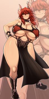 Rule 34 | 1girl, 2025, absurdres, armor, bare legs, bikini, bikini armor, black boots, black dress, blush, boots, breasts, choker, closed mouth, commentary, dragon girl, dragon horns, dress, english commentary, female focus, full body, groin, hands on own hips, highres, horns, huge breasts, indie virtual youtuber, looking at viewer, pelvic curtain, red bikini, red eyes, red hair, shiny skin, slit pupils, smile, spiked boots, spiked choker, spiked hair, spikes, standing, swimsuit, tan, thecaughtpoe, thick thighs, thighs, variant set, virtual youtuber, waist cape, zentreya, zentreya (dragon), zoom layer