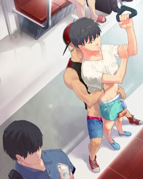 3boys blonde_hair camera cell cellphone dark-skinned_male dark_skin frottage groping male_focus molestation multiple_boys penis phone public_indecency recording sleeveless subway tan tank_top toned toned_male train uncensored yaoi