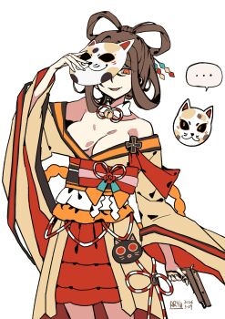 Rule 34 | ..., 1girl, absurdres, breasts, cat mask, cleavage, commentary request, detached collar, gun, highres, holding, holding gun, holding mask, holding weapon, japanese clothes, kimono, looking at viewer, mahou shoujo no inshuu mura, mask, mask on head, medium breasts, nekomizo nora, obi, off shoulder, one eye covered, orange eyes, orange kimono, parted lips, rope, rryy, sash, shimenawa, simple background, solo, weapon, white background