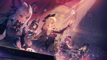 5-string_bass_guitar 6+girls 7-string_guitar animal_ear_piercing animal_ears arknights asymmetrical_gloves audience ave_mujica_(bang_dream!) bang_dream! bang_dream!_it's_mygo!!!!! bass_guitar bena_(arknights) black_bonnet black_corset black_dress black_gloves black_hair black_hat black_ribbon black_wrist_cuffs blonde_hair blue_eyes blue_hair bonnet breasts cable cat_ears cat_girl cleavage closed_eyes corset detached_sleeves dog_ears dog_girl dress drum drum_set drumsticks extended_range_bass_guitar extended_range_guitar game_cg gloves glowstick gold_gloves green_hair guitar hair_ribbon hat highres holding holding_drumsticks horns instrument iris_(arknights) juliet_sleeves keyboard_(instrument) long_hair long_sleeves medium_hair microphone_stand mismatched_gloves misumi_uika misumi_uika_(caged_singer) morpheus_(arknights) multiple_girls music official_art open_mouth penlight_(glowstick) pink_eyes playing_drum playing_instrument puffy_sleeves purple_eyes purple_hair rabbit_ears rabbit_girl ribbon semi-rimless_eyewear short_hair sidelocks sleeveless sleeveless_dress third-party_source togawa_sakiko togawa_sakiko_(master_of_melodia) wakaba_mutsumi wakaba_mutsumi_(marionette's_id) wolf_ears wolf_girl wrist_cuffs yahata_umiri yahata_umiri_(moonlight_executioner) yellow_eyes yuutenji_nyamu yuutenji_nyamu_(magician_of_passion)