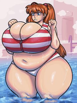 1girl bikini blue_eyes blush breasts cleavage curvy donuts_doodles female_focus gigantic_breasts highres long_hair looking_down navel neon_genesis_evangelion orange_hair plump pool skindentation solo souryuu_asuka_langley swimsuit thick_thighs thighs wet wide_hips zipper