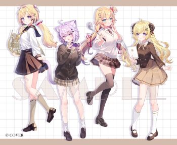 Rule 34 | 4girls, ahoge, akai haato, aki rosenthal, animal ears, black sailor collar, black shoes, black thighhighs, blonde hair, bow, bowtie, cat ears, cat girl, closed mouth, commentary request, hololive, horns, kneehighs, loafers, long hair, long sleeves, looking at viewer, low twintails, mary janes, multiple girls, neck ribbon, neckerchief, necktie, nekomata okayu, official art, open mouth, parted lips, purple hair, ribbon, sailor collar, sample watermark, school uniform, sheep ears, sheep girl, sheep horns, shirt, shoes, short hair, simple background, skirt, smile, socks, standing, sweater vest, thighhighs, tsunomaki watame, twintails, virtual youtuber, wasabi (sekai), watermark, white shirt, white socks