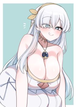 1girl akitokage alternate_breast_size_(larger) anastasia_(fate) bare_shoulders blue_eyes blush breasts brown_hairband bursting_breasts button_gap cleavage collarbone dress fate/grand_order fate_(series) grey_hair hair_over_one_eye hairband highres huge_breasts long_hair looking_at_viewer open_mouth royal_robe smile solo very_long_hair white_dress white_hair