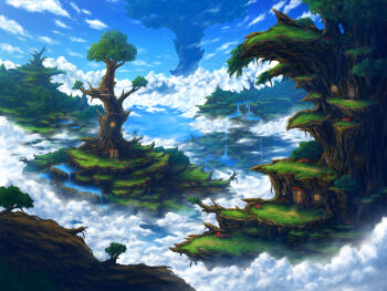 above_clouds au_ito blue_sky bush cloud commentary_request day door fantasy grass highres lake mushroom no_humans original outdoors rainbow scenery sky stairs tree water waterfall window