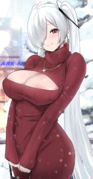 1girl absurdly_long_hair alternate_costume bag blurry blurry_background blush breasts cinderella_(nikke) cleavage cleavage_cutout closed_mouth clothing_cutout depth_of_field dialogue_box dress goddess_of_victory:_nikke hair_over_one_eye hair_ribbon handbag highres holding holding_bag inverted_cross_earrings large_breasts long_hair long_sleeves looking_at_viewer old_tales_(nikke) one_eye_covered open-chest_sweater red_sweater ribbon shiny_eyes sleeves_past_wrists smile snow snowing solo standing sweater sweater_dress turtleneck turtleneck_sweater twintails uzzy2801 veins veiny_breasts very_long_hair white_hair