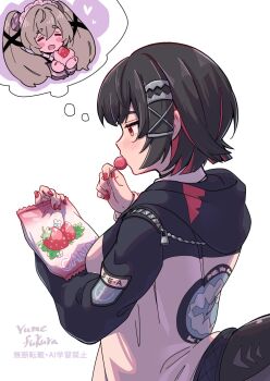 1girl alternate_costume artist_name black_hair black_jacket blush candy closed_eyes colored_inner_hair commentary_request corin_wickes ellen_joe fins fish_tail food from_side green_hair heart highres holding holding_candy holding_food holding_lollipop implied_yuri jacket lollipop long_hair maid_headdress multicolored_hair multicolored_jacket open_mouth razor_blade_hair_ornament red_eyes red_nails scar scar_on_tail screw_hair_ornament shark_girl shark_tail short_hair simple_background solo speech_bubble spoken_character tail thought_bubble twintails upper_body white_background white_jacket yumefukura zenless_zone_zero