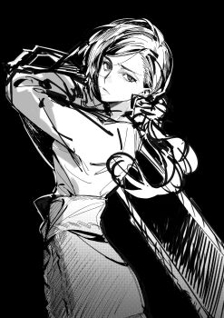 1girl absurdres black_background chainsaw closed_mouth eyelashes greyscale highres holding holding_chainsaw huangmen33ji kurashiki_akane kyokugen_dasshutsu long_hair monochrome simple_background solo zero_escape:_toki_no_dilemma