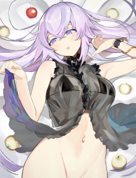 1girl absurdres alternate_costume apple babydoll breasts food fruit grimms_notes hand_up highres large_breasts magic_mirror_(grimms_notes) navel on_bed open_mouth penora_gei purple_eyes purple_hair solo teeth upper_teeth_only
