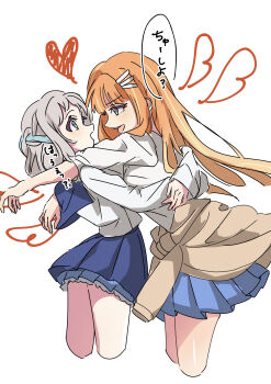 2girls absurdres blue_eyes blue_ribbon blue_sailor_collar blue_skirt braid clothes_around_waist commentary_request gakuen_idolmaster green_eyes grey_hair hair_ribbon half_up_braid heart highres hug idolmaster katsuragi_lilja long_hair multiple_girls open_mouth orange_hair pleated_skirt ribbon ribbon_braid sailor_collar school_uniform serafuku shirt shiun_sumika short_hair simple_background skirt smile speech_bubble suzuka_202224 sweater sweater_around_waist translation_request white_background white_shirt yuri