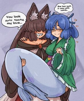 Rule 34 | 2girls, = =, ahoge, animal ear fluff, animal ears, blue hair, blush, breasts, brooch, brown hair, brown trim, bruise, carrying, closed eyes, closed mouth, collarbone, commentary, dress, drooling, english commentary, english text, feet out of frame, fins, frilled kimono, frills, green kimono, grin, hair over eyes, hand on another's shoulder, head fins, heart, highres, imaizumi kagerou, injury, japanese clothes, jewelry, kimono, large breasts, layered kimono, long bangs, long hair, long sleeves, mcsquiddies, mermaid, monster girl, multiple bite marks, multiple girls, off-shoulder dress, off shoulder, open mouth, parted bangs, princess carry, purple background, red dress, sharp teeth, short hair, simple background, smile, speech bubble, split mouth, tail, teeth, thought bubble, touhou, two-tone dress, very long hair, wakasagihime, white dress, wide sleeves, wolf ears, wolf girl, wolf tail, yuri