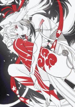 1girl absurdres animal_ears bare_shoulders expressionless eyeshadow floppy_ears full_body highres leg_tattoo long_hair looking_at_viewer makeup parted_lips pd_honey red_eyes red_eyeshadow solo spot_color tattoo ye_shunguang zenless_zone_zero