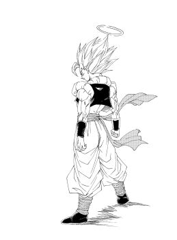 1boy absurdres dragon_ball dragonball_z fenyon from_behind full_body gogeta greyscale halftone halo highres male_focus medium_hair metamoran_vest monochrome muscular muscular_male no_shirt pants sash simple_background solo spiked_hair standing super_saiyan super_saiyan_1 white_background