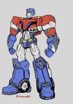 autobot blue_eyes clenched_hands full_body grey_background highres kamizono_(spookyhouse) mecha no_humans optimus_prime optimus_prime_(animated) robot science simple_background solo transformers transformers_animated twitter_username