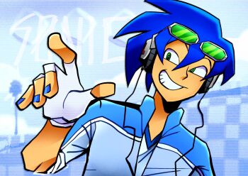 Rule 34 | 1boy, blue background, character name, checkered background, commentary, english commentary, eyewear on head, fingerless gloves, gloves, green-tinted eyewear, green eyes, grin, hand up, headphones, highres, jacket, looking to the side, male focus, personification, rroketas, sleeves rolled up, smile, solo, sonic (series), sonic the hedgehog, sunglasses, tinted eyewear, track jacket