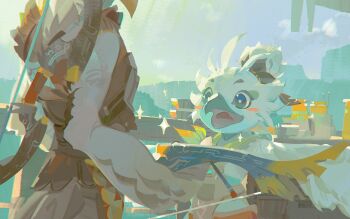 2boys a-shacho beak bird_boy blush bow_(weapon) feathers furry furry_male green_neckerchief hand_wings highres holding holding_bow_(weapon) holding_weapon looking_at_object male_focus multiple_boys neckerchief nintendo open_mouth smile sparkle teba_(zelda) the_legend_of_zelda the_legend_of_zelda:_tears_of_the_kingdom tulin_(zelda) weapon white_feathers