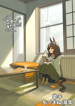 1girl absurdres animal_ears ashinowoto barefoot blue_eyes blush book brown_hair closed_mouth curren_bouquetd&#039;or_(umamusume) ear_covers from_side green_shirt green_skirt highres holding holding_book horse_ears horse_girl horse_tail indoors long_hair looking_to_the_side shirt sitting skirt smile solo tail umamusume