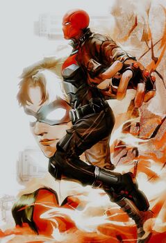 bat_signal batman_(series) batman_symbol black_bodysuit black_gloves black_hair bodysuit brown_jacket cowl dc_comics domino_mask eye_mask gloves grey_bodysuit highres jacket jason_todd kanae_eri male_focus mask multicolored_bodysuit multicolored_hair muscular muscular_male open_clothes pants red_hood_(dc) red_hood_and_the_outlaws red_mask short_hair superhero_costume taut_bodysuit two-tone_bodysuit