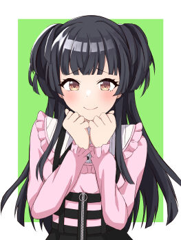 Rule 34 | 1girl, absurdres, black hair, blunt bangs, blush, border, clenched hands, commentary, frilled sleeves, frills, green background, highres, idolmaster, idolmaster shiny colors, jirai kei, long hair, long sleeves, looking at viewer, mayuzumi fuyuko, outside border, pink shirt, shirt, simple background, smile, solo, tonguewasabi, two side up, upper body, very long hair, white border