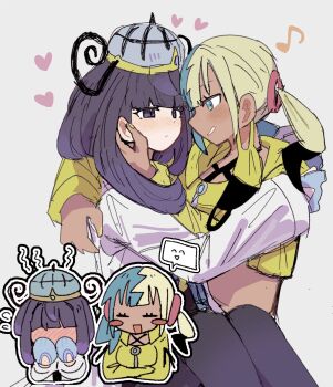2girls arms_around_neck bandeau black_dress black_hair blonde_hair blue_eyes blue_gloves blue_hair blunt_bangs blush blush_stickers bob_cut canari_(pokemon) chibi chibi_inset coat cropped_jacket dark-skinned_female dark_skin dress gloves gwynn_(pokemon) han0579 hat heart highres hug jacket long_sleeves looking_at_another multicolored_hair multiple_girls multiple_views musical_note nintendo open_clothes open_coat open_jacket pantyhose partially_fingerless_gloves pokemon pokemon_legends:_z-a purple_eyes purple_hair short_hair sitting sitting_on_lap sitting_on_person split-color_hair twintails white_background white_coat yellow_bandeau yellow_nails yuri
