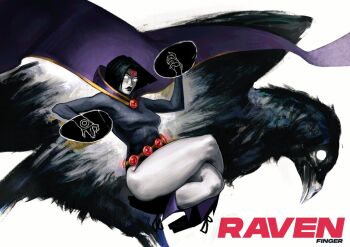 1girl artist_name bird black_hair black_leotard black_lips breasts cape character_name colored_skin crossed_legs crow dc_comics f1nger floating forehead_jewel gem grey_skin leotard levitation magic medium_breasts purple_cape raven_(dc) red_gemstone solo teen_titans thick_thighs thighs