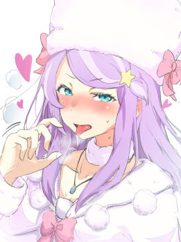 1girl anastasia_hoshin aqua_eyes blush bow bowtie collarbone commentary dress fellatio_gesture hair_over_shoulder hat hat_bow heart highres jewelry long_hair looking_at_viewer mochi-jun motion_lines necklace pink_bow pink_bowtie purple_hair re:zero_kara_hajimeru_isekai_seikatsu saliva simple_background solo star_(symbol) tongue tongue_out upper_body v-shaped_eyebrows white_background white_dress white_hat winter_clothes